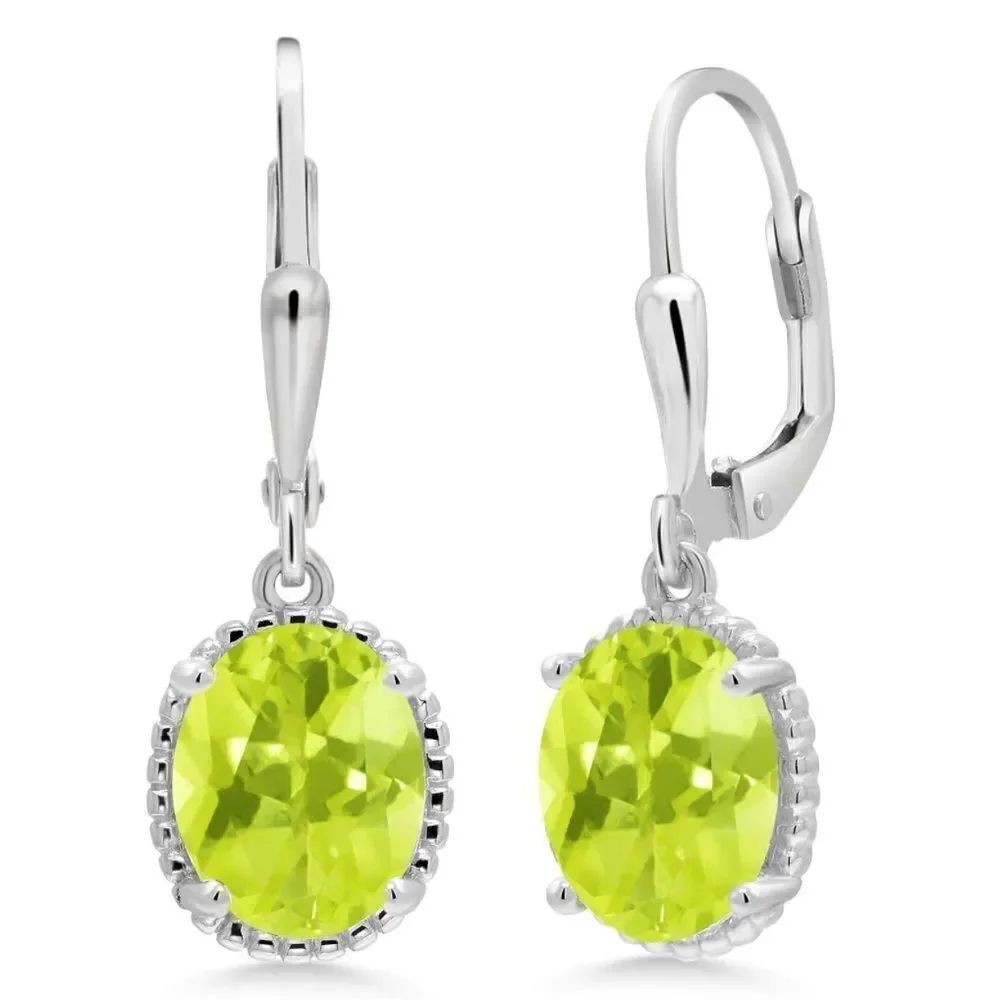 925 Sterling Silver with 3.30 Cttw Lemon Quartz Oval Leverback Hook Earrings